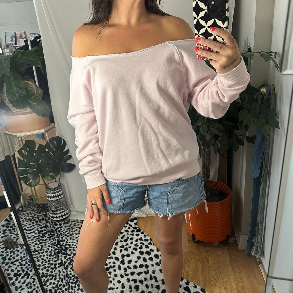 Off The Shoulder Sweatshirt with Raw Edge Boat Neck Light Pink Size Medium - Picture 2 of 3